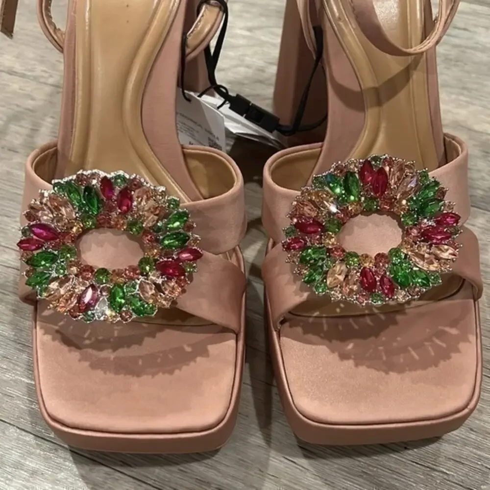 ZARA Nude Platform Block Heel Sandals Rhinestone Jewel Buckle NWT Size 8